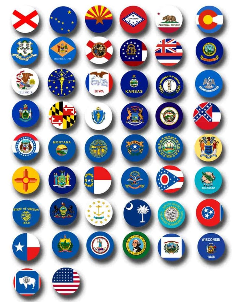 A grid of circular badges featuring the flags of various U.S. states, including Texas, California, New York, and others, set against a white background.