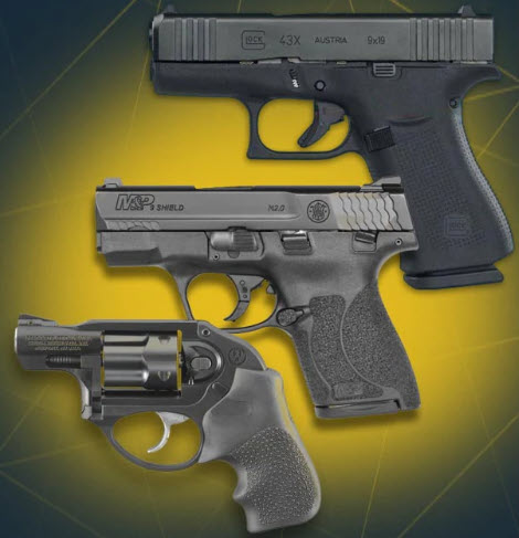 Three handguns are displayed against a yellow background. The top is a black Glock 43X, the middle is a Smith & Wesson M&P Shield, and the bottom is a Ruger LCR revolver.