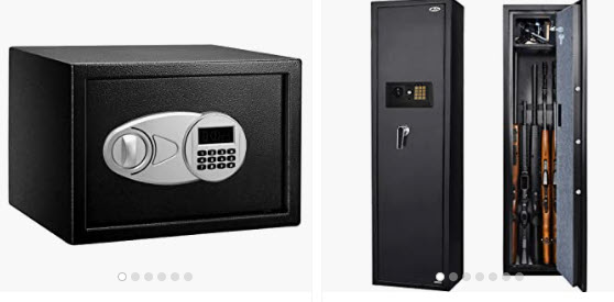 Two safes are displayed: a small black safe with a digital keypad on the left, and a tall, narrow black gun safe on the right, shown open with several rifles inside. Both safes are designed for secure storage.