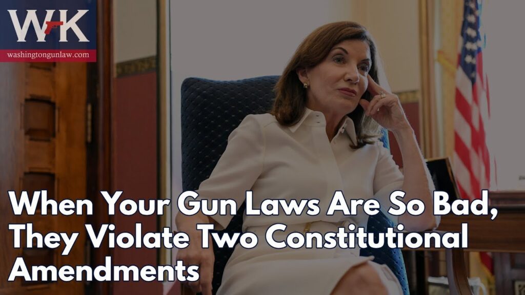 A person sitting in a chair, appearing thoughtful, with an American flag in the background. The text reads, "When Your Gun Laws Are So Bad, They Violate Two Constitutional Amendments.