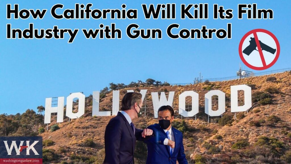 Two men in suits wearing masks bump elbows in front of the Hollywood sign. Text above reads "How California Will Kill Its Film Industry with Gun Control" alongside a crossed-out gun symbol.