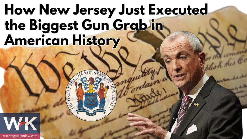 A man in a suit gestures beside the New Jersey state seal, with the U.S. Constitution in the background. Text reads: "How New Jersey Just Executed the Biggest Gun Grab in American History.