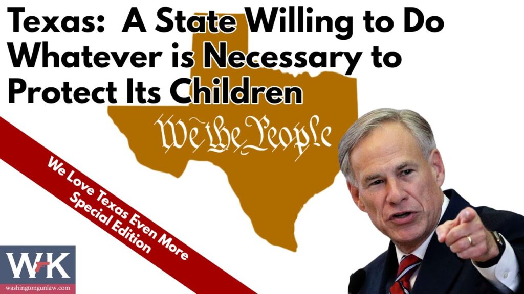 Texas Governor Greg Abbott points and speaks in front of a gold Texas state silhouette with the words “We the People.” Bold text above reads: "Texas: A State Willing to Do Whatever is Necessary to Protect Its Children.