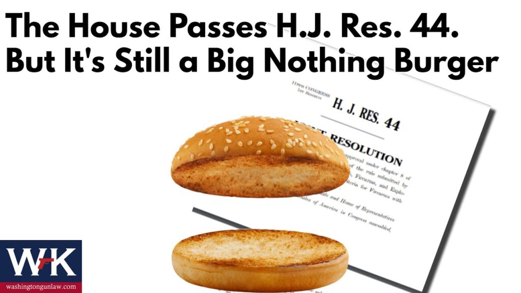 A document titled "H.J. RES. 44" appears behind a floating hamburger bun with no fillings. Bold text reads, "The House Passes H.J. Res. 44. But It's Still a Big Nothing Burger." Washington Gun Law logo in the corner.