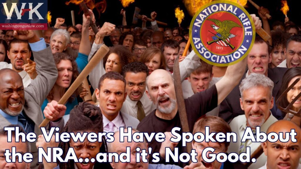 A group of diverse people holding torches and pitchforks look angry. Overlaid is a large NRA logo and text that reads: "The Viewers Have Spoken About the NRA...and it's Not Good.