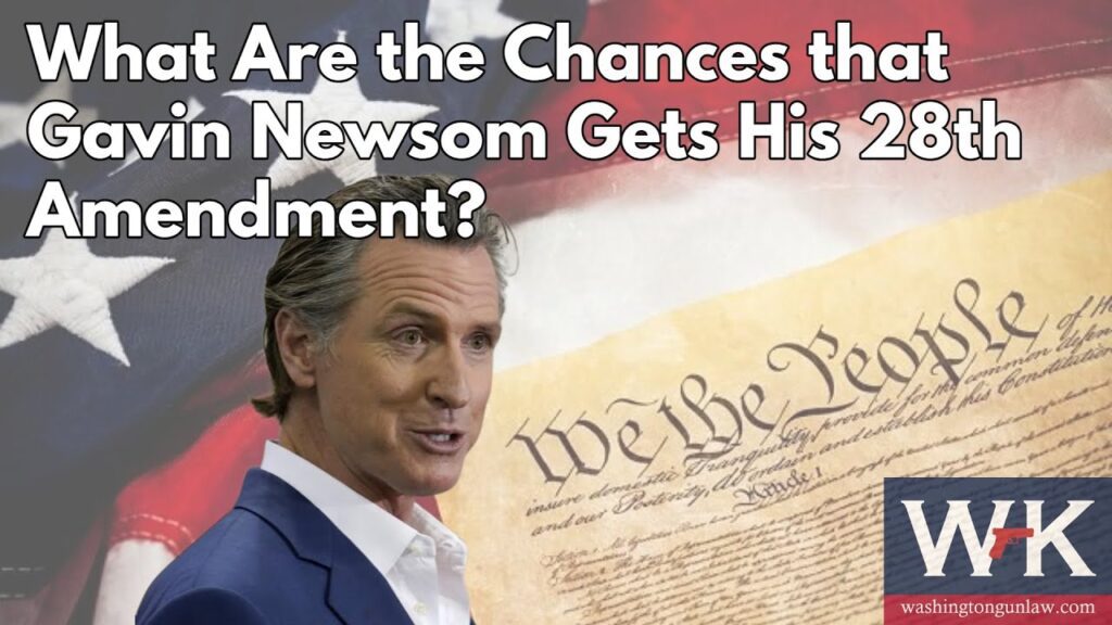 California Governor Gavin Newsom stands in front of an American flag and the Constitution, with large text asking about the chances of his 28th Amendment proposal. The Washington Gun Law logo appears in the bottom right.