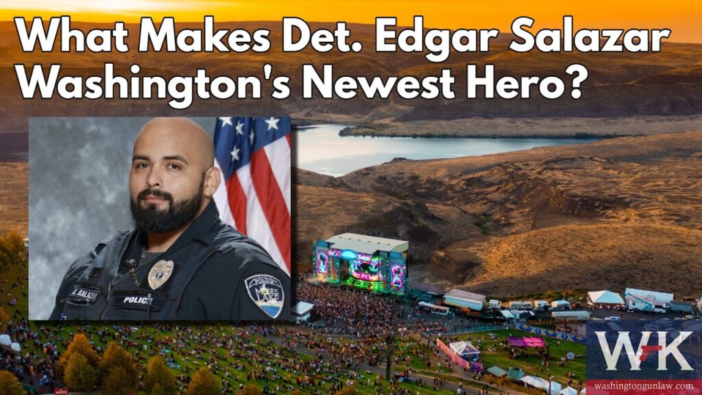 Aerial view of a large outdoor concert near a river with hills in the background. Inset shows a police officer with a beard and badge. Text reads, "What Makes Det. Edgar Salazar Washington's Newest Hero?" Logo in the corner says "WK.