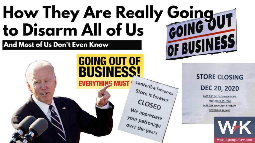 The image shows various signs with phrases like "Going Out of Business," "Store Closing," and a figure pointing at these signs. The background is predominantly white with black text discussing disarmament and business closures.