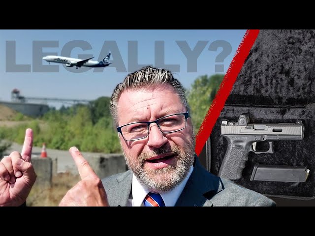 A man in a suit gestures towards an airplane flying over a bridge. The text "LEGALLY?" is in the background. A handgun is shown in a case on the right side. The scene is outdoors with trees and a clear sky.