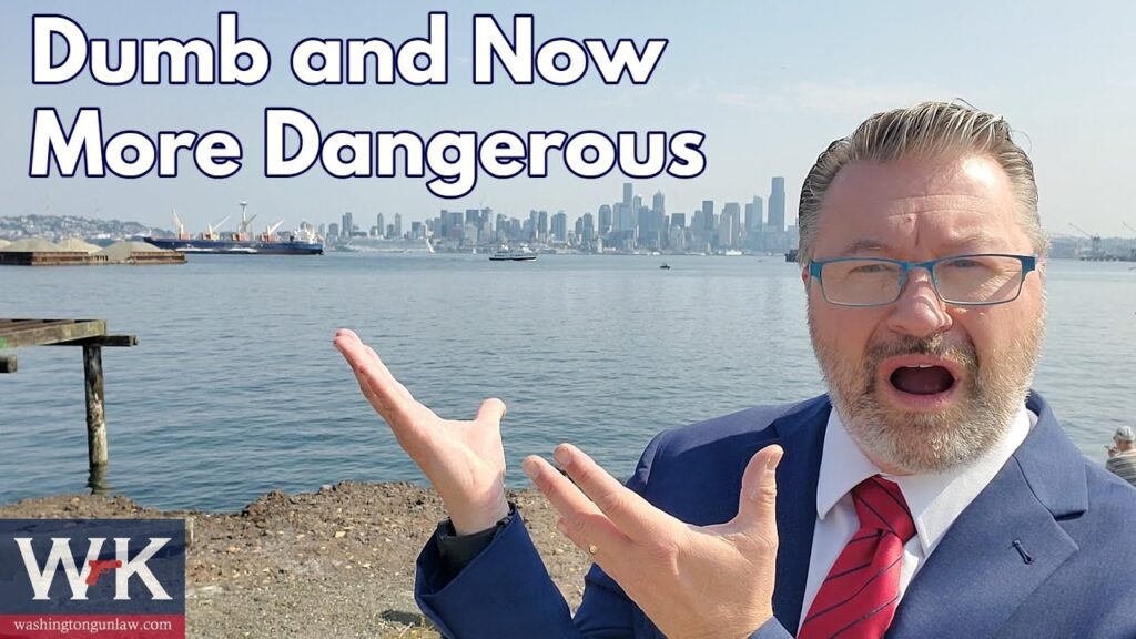 A man in a blue suit and red tie gestures with an open mouth expression against a waterfront and city skyline background. Text reads "Dumb and Now More Dangerous." The bottom left corner contains a logo with "WK" and a website URL.