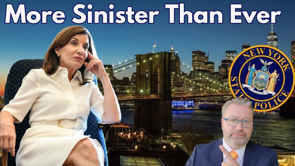 A woman in a white dress sits pensively with a nighttime city skyline in the background. The text “More Sinister Than Ever” is at the top. A man in a suit points toward a New York State Police emblem.