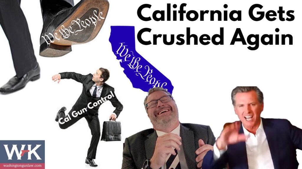 A collage showing a man with "We the People" on the sole of his shoe kicking another man labeled "Cal Gun Control," a laughing man, and a person gesturing energetically. Text: "California Gets Crushed Again." A "We the People" map of California is included.