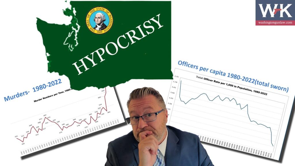A person sits pensively with charts in the background. One chart shows murder rates from 1980 to 2022, another shows police officer rates per capita during the same period. A sign with "Hypocrisy" covers a map of Washington State.