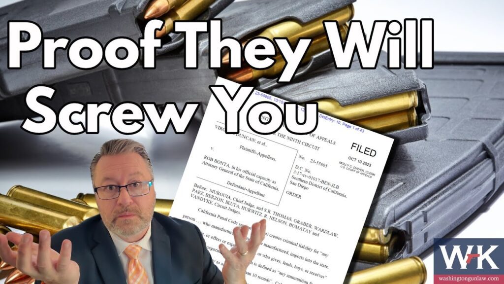 A man in glasses and a suit gestures with his hands in front of a background showing firearm magazines and a legal document. The large text reads "Proof They Will Screw You." The bottom right corner displays "Washington Gun Law" with the logo.