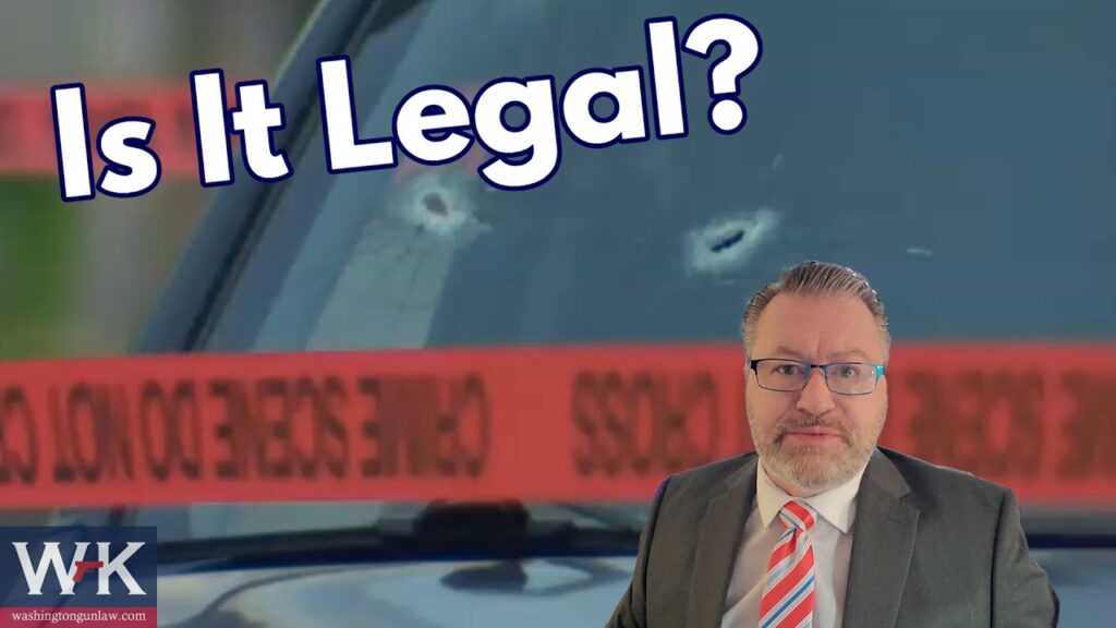 Man in a suit and striped tie stands in front of a car windshield with bullet holes. Red police tape is across the windshield. Text reads "Is It Legal?" Logo with "WK" and website at the bottom left.