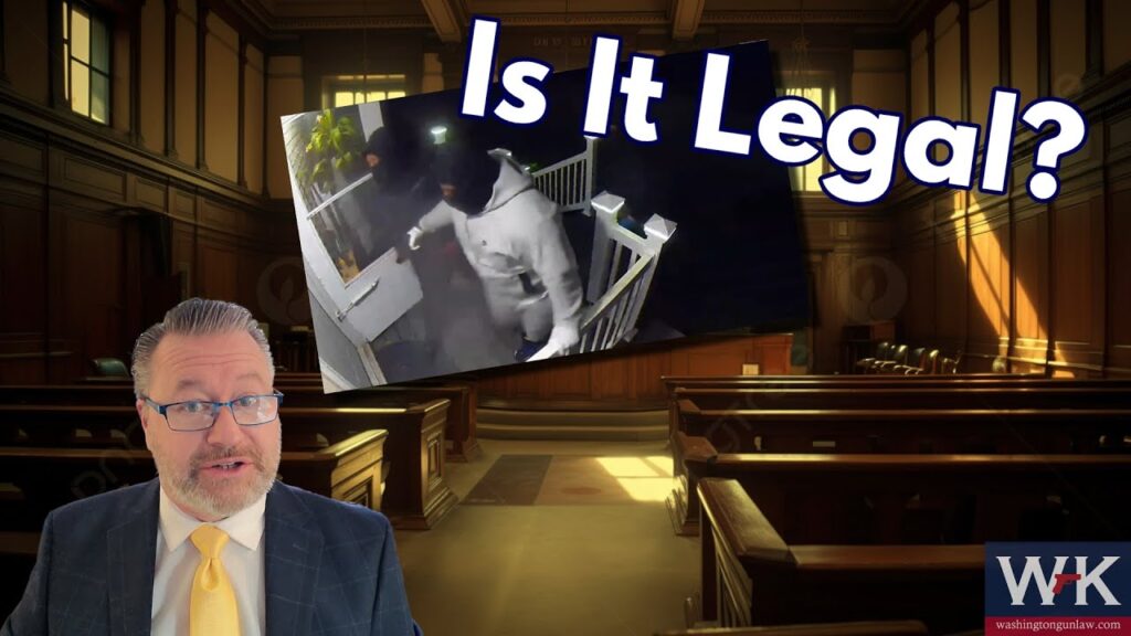 A man in a suit and glasses stands in a courtroom. A video overlay shows a person in a hoodie at a door. Bold text reads "Is It Legal?" The logo in the corner says "WK.