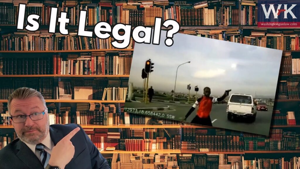 A man in a suit points to a screen with a traffic photo on it. The background is filled with bookshelves. The text "Is It Legal?" is at the top, with the WK law firm logo in the corner.