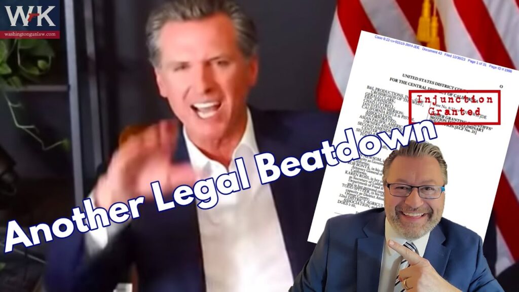 A man in a suit passionately gestures while speaking in front of an American flag. Overlaid text reads "Another Legal Beatdown." Another man, smiling, holds a document with "Injunction Granted" stamped on it.