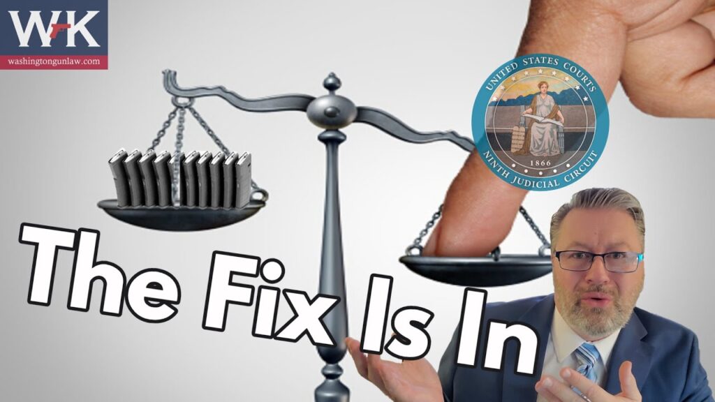 An illustration of a man pointing to a set of scales, heavily tipped to one side with books. A circular emblem reads "United States Courts Ninth Judicial Circuit." Text reads "The Fix Is In.