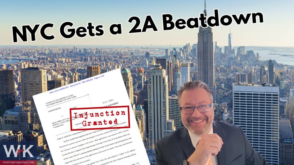 A smiling man in a suit stands in front of a panoramic view of New York City. The text reads "NYC Gets a 2A Beatdown." There is a document with a "Injunction Granted" stamp.
