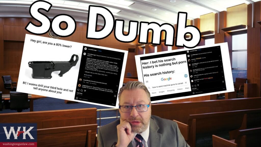 A man in a suit is sitting in a courtroom setting with a concerned expression. Behind him are two screenshots of social media posts with humorous and sarcastic text. The large text above reads "So Dumb." A logo with "WK" is in the lower left corner.