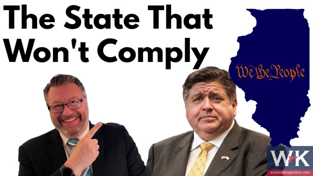 A man pointing and smiling stands next to another man in a suit and tie, who is frowning. The text reads "The State That Won't Comply" alongside an outline of Illinois with "We the People" inscribed. A logo with "WK" is in the bottom right corner.