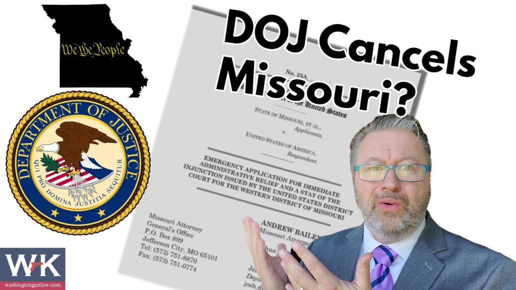 A man gestures with his hands in front of a DOJ seal and a document titled "DOJ Cancels Missouri?" The background features Missouri's state outline and the text "We the People." A logo reading "WHK" is in the corner.