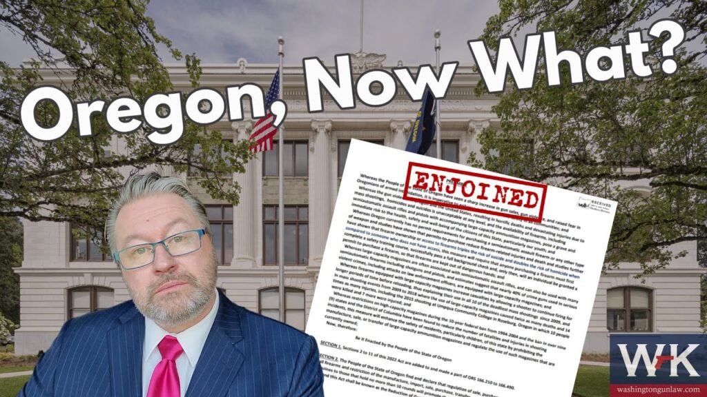 A man in a suit stands with a concerned expression in front of a courthouse. Text reads "Oregon, Now What?" A document labeled "ENJOINED" is displayed. The background features trees and flags.