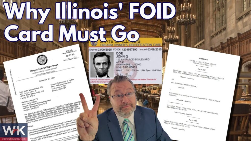 A man in a suit gestures with two fingers, surrounded by documents and an Illinois Firearm Owner's Identification (FOID) card in the background. Text at the top reads, "Why Illinois' FOID Card Must Go." The setting appears to be a courtroom.