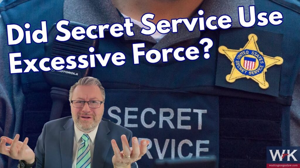 A man in a suit and tie gestures with his hands in front of an enlarged image of a Secret Service vest. The text above reads, "Did Secret Service Use Excessive Force?" There's a small logo in the bottom right corner.