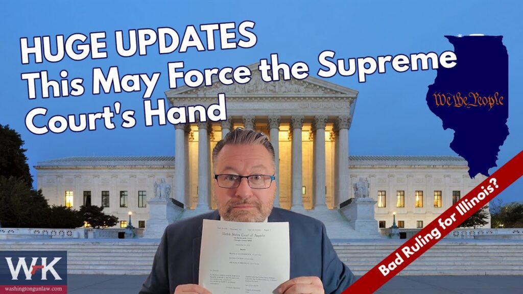 A person holding a document stands in front of the U.S. Supreme Court building at dusk. Text on the image reads, "HUGE UPDATES: This May Force the Supreme Court's Hand" with "Bad Ruling for Illinois?" on the side.