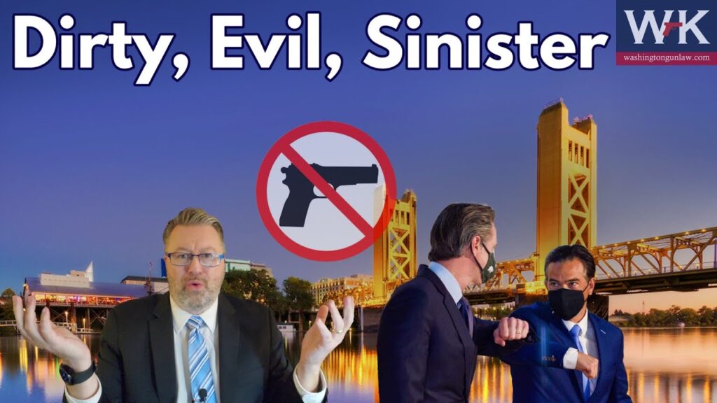 A man in a suit gestures in front of a backdrop of two people interacting and the Tower Bridge. Above, text reads "Dirty, Evil, Sinister" with a crossed-out gun sign. Another logo reads "WK" with "washington gun law.com" in the top right corner.