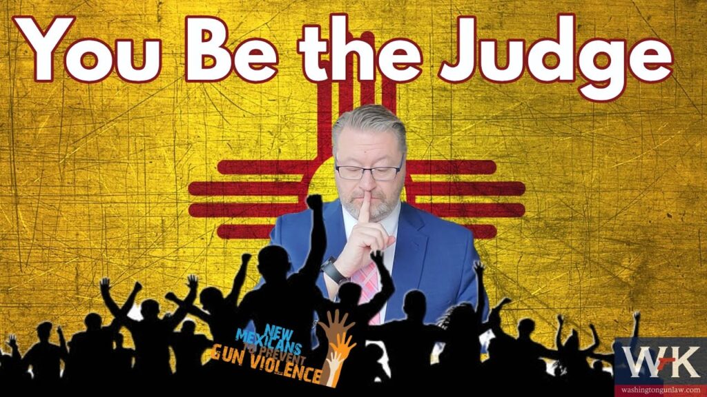 A man in a suit stands with a contemplative expression in front of a New Mexico flag. The text "You Be the Judge" is above him. Silhouettes of people and a logo saying "New Mexicans Prevent Gun Violence" are at the bottom.