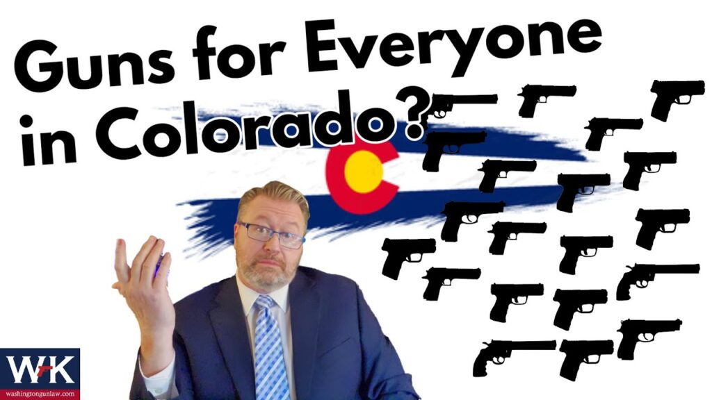 A man in a suit shrugs in front of a Colorado flag illustration, with many black handgun icons and the text "Guns for Everyone in Colorado?" above him.