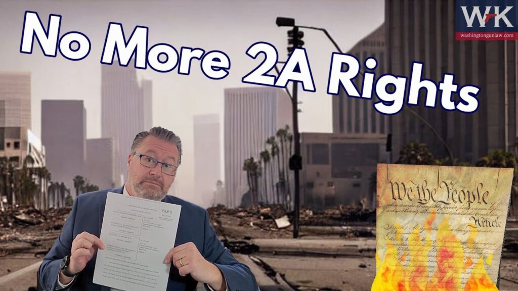 A man in a suit holds a document with an expression of concern. The background shows a desolate cityscape, and the text "No More 2A Rights" appears above him. The image includes a burned depiction of the U.S. Constitution.