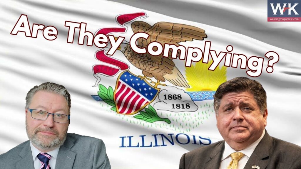 Two men in suits are in front of the Illinois state flag. The text "Are They Complying?" is overlaid on the flag. The background includes the state seal with an eagle and shield.
