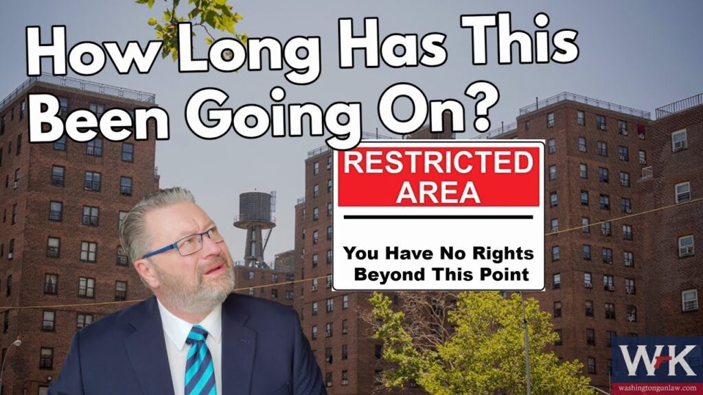 A man with glasses and a suit looks up at a sign. The sign reads "Restricted Area: You Have No Rights Beyond This Point." In the background are tall brick buildings and a water tower. Text at the top says, "How Long Has This Been Going On?.