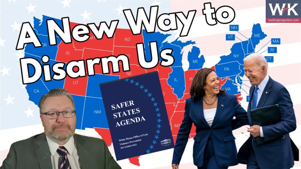 A U.S. map with red and blue states is in the background. A man in a suit appears on the left. On the right, two people in suits walk together. A book titled "Safer States Agenda" and text reads, "A New Way to Disarm Us.