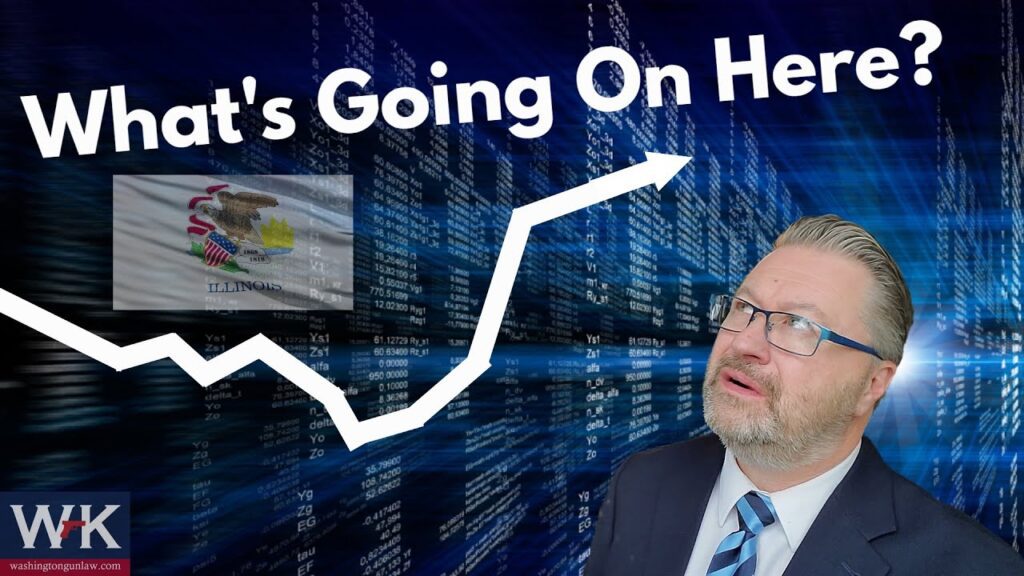 A man in a suit and tie looks upward, with a background of stock market data. A jagged white arrow points upward, and there's a small Illinois flag with "What's Going On Here?" text above. Logo "WK" in the bottom left corner.