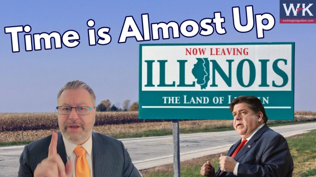 A man in a suit gestures beside a large road sign that reads "Now Leaving Illinois, The Land of Lincoln." Another person in a suit is seen on the right. The text above says, "Time is Almost Up.