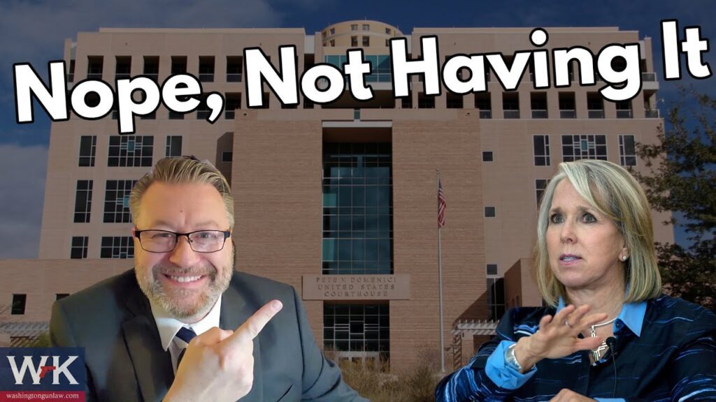 A man in a suit points towards a woman gesturing, both in front of a courthouse image. The text reads, "Nope, Not Having It.