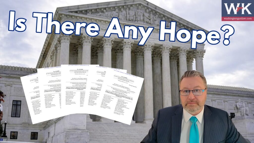 A man in a suit stands in front of a large, classical-style building. Floating papers are visible next to him, and a banner reads "Is There Any Hope?" The letters "WK" are in the top right corner.