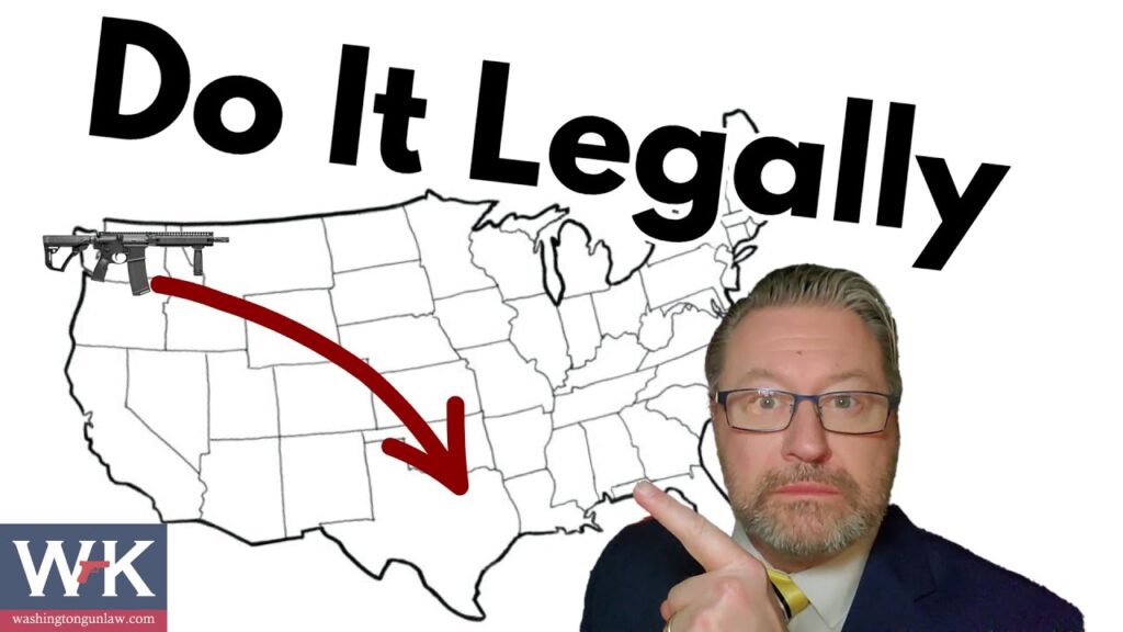 A man in a suit points at a map of the United States with the text "Do It Legally" above. An image of a gun points towards Texas on the map. The logo "WK" with a website URL is in the corner.