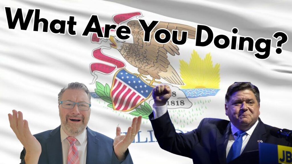 A man in a suit gestures with a confused expression, and another man with a raised fist stands in front of the Illinois state flag. The text "What Are You Doing?" is displayed prominently above them.