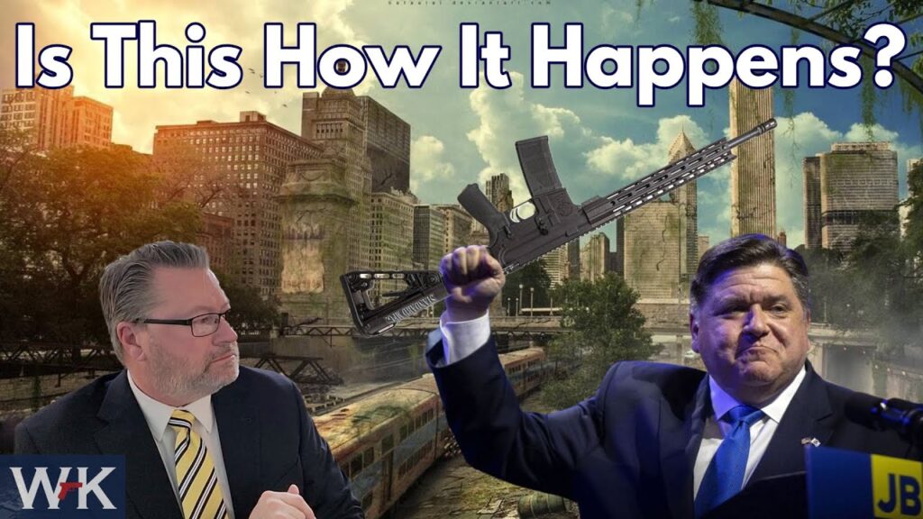 A man in a suit sits at a desk looking at another man in a suit who is holding up a rifle. The background features a digitally altered, overgrown cityscape with a train. Text at the top reads, "Is This How It Happens?.