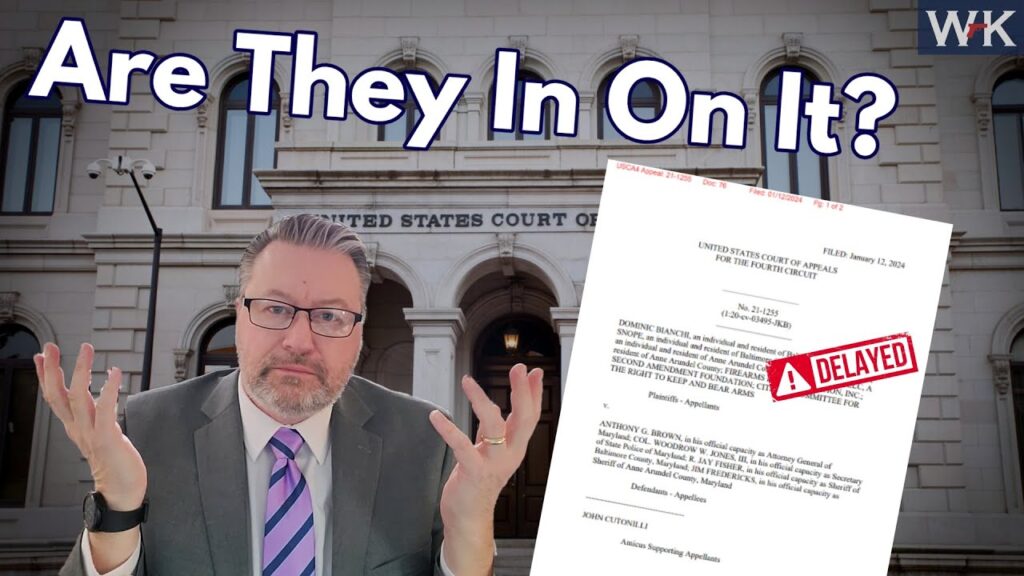 A man in a suit gestures with a puzzled expression in front of a courthouse building. Text above reads "Are They In On It?" A document labeled "DELAYED" is superimposed beside him, and the initials "WK" are in the top right corner.