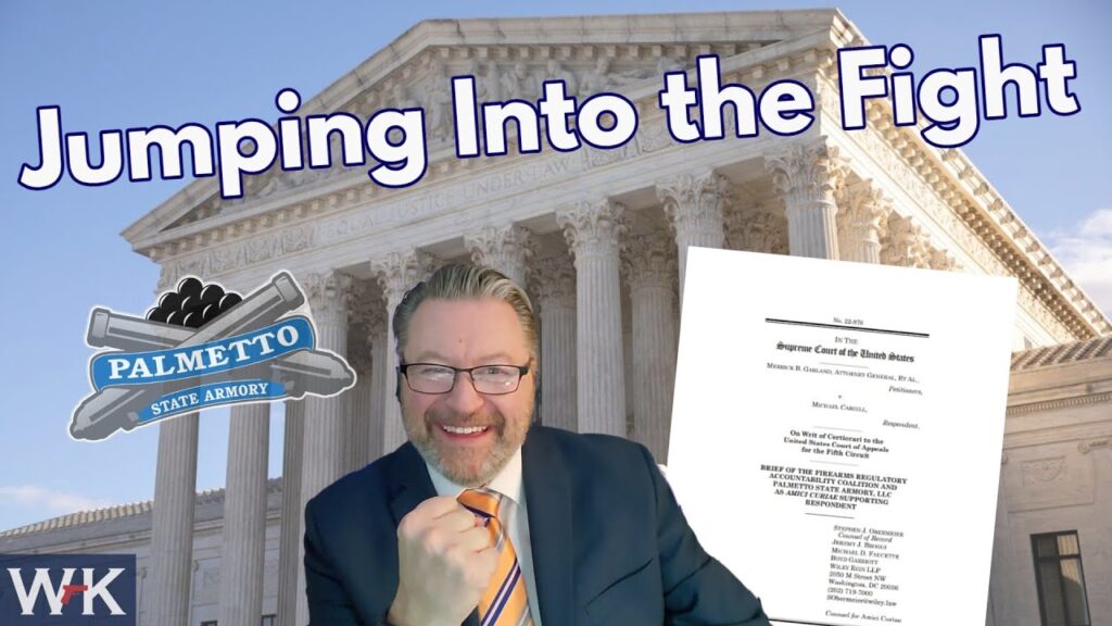 A man is smiling and clenching his fist in front of the U.S. Supreme Court building, with the text "Jumping Into the Fight" above. There's a document image and a Palmetto State Armory logo next to him.