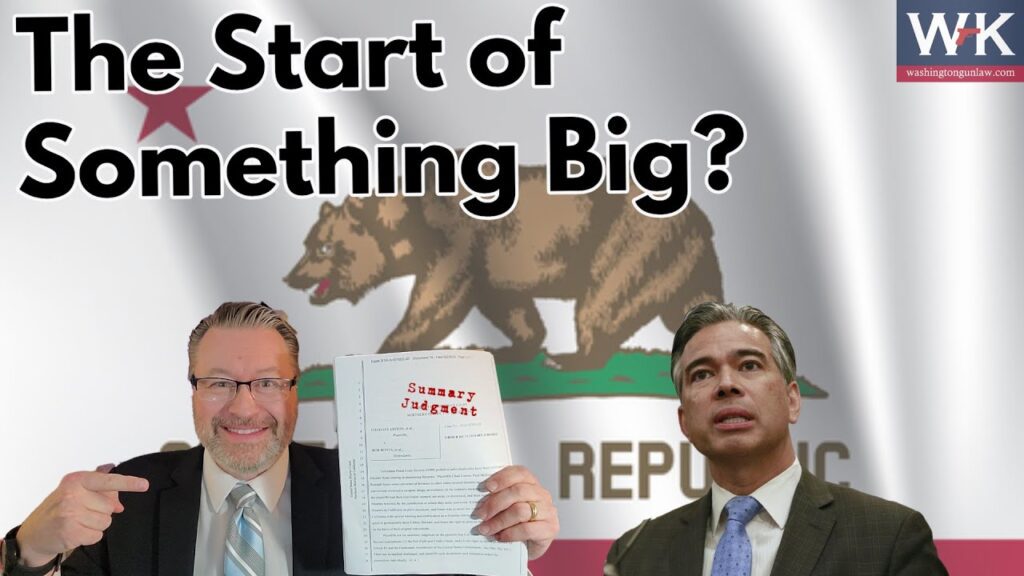 Two men in suits stand in front of a California flag. One holds a document labeled "Summary Judgment" while smiling and pointing at it. Text at the top reads, "The Start of Something Big?.