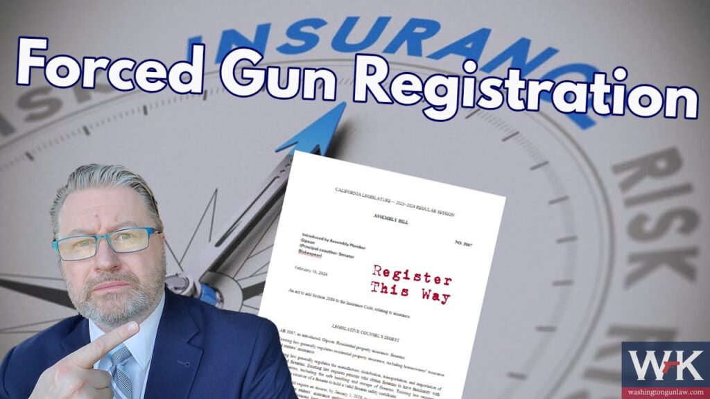 A man points at a document labeled "Register This Way" with a compass in the background showing the word "Insurance." The text "Forced Gun Registration" is prominently displayed above. The logo "WHK" is at the bottom right corner.