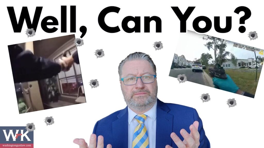 A man in a blue suit and striped tie stands with a puzzled expression, surrounded by images of people holding guns and bullet holes. The text "Well, Can You?" is displayed above him.